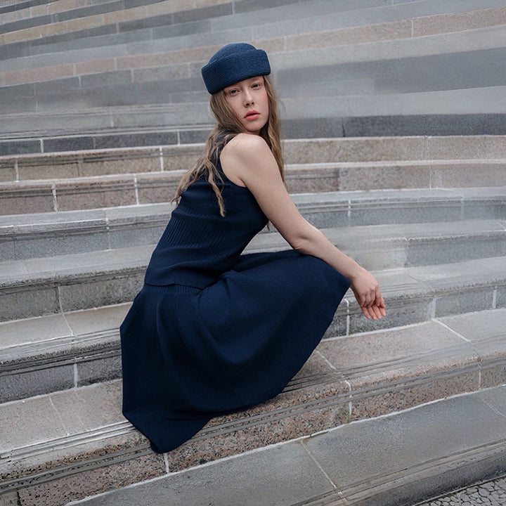 Navy Knitted Top And Skirt Co-Ordinates Set