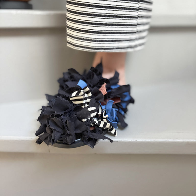 Pom Pom Black Fabric and Leather Mules Slip On Shoes
