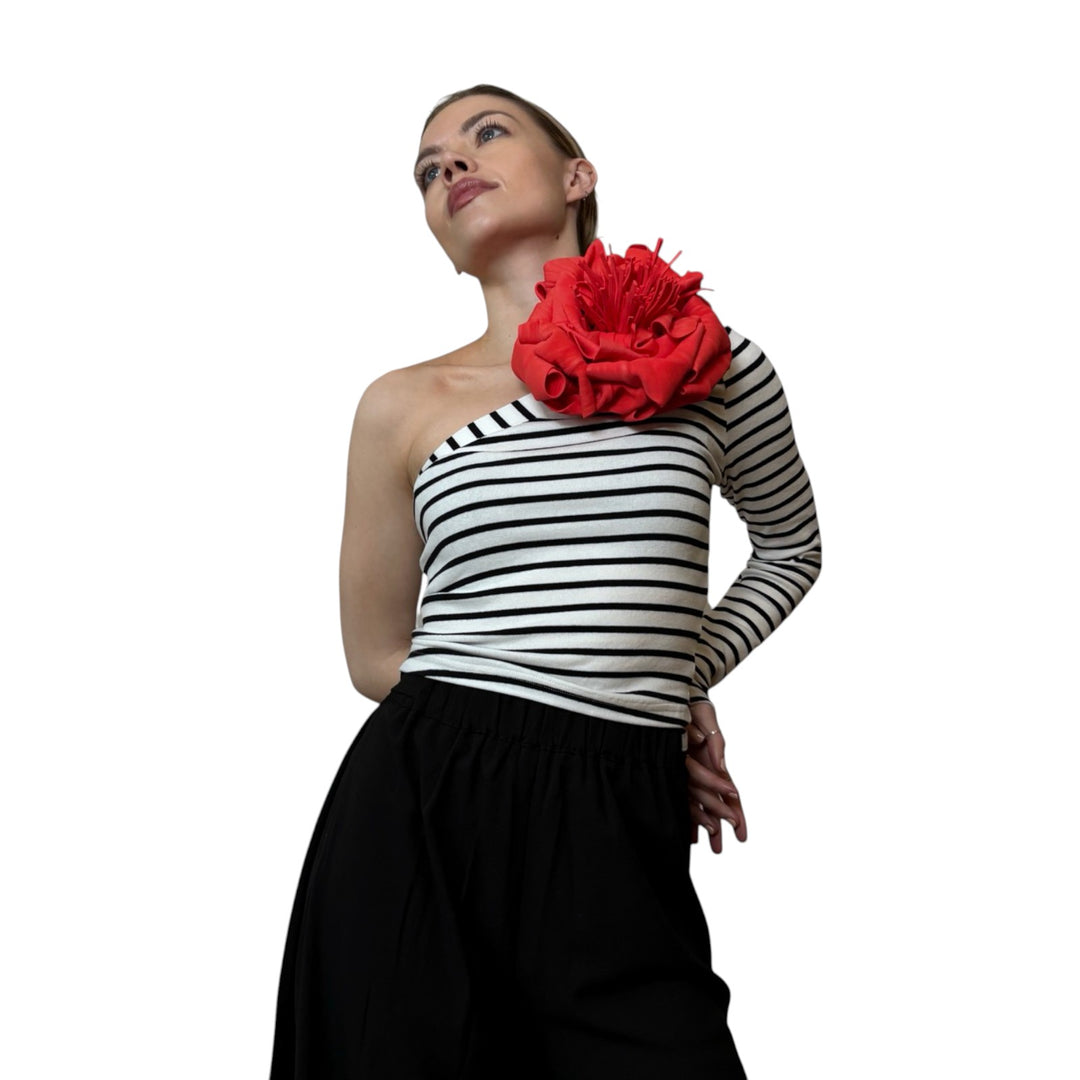 Striped one sleeve top with red flower pin
