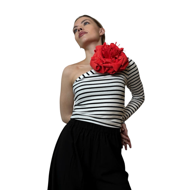Striped one sleeve top with red flower pin