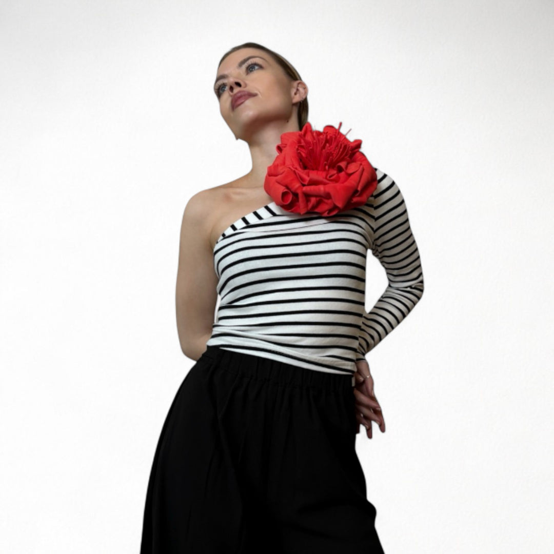 Striped one sleeve top with red flower pin