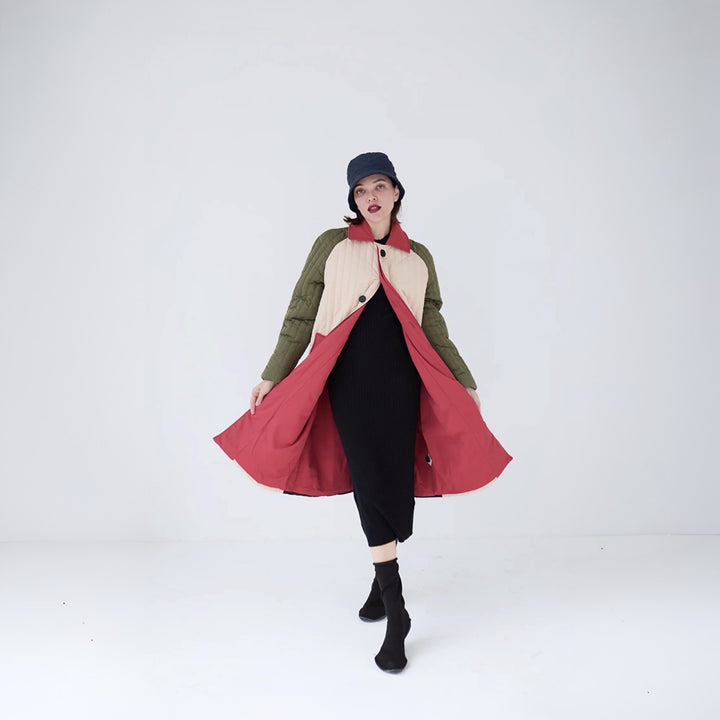 Beige Khaki Patchwork Color Block Quilt Long Jacket