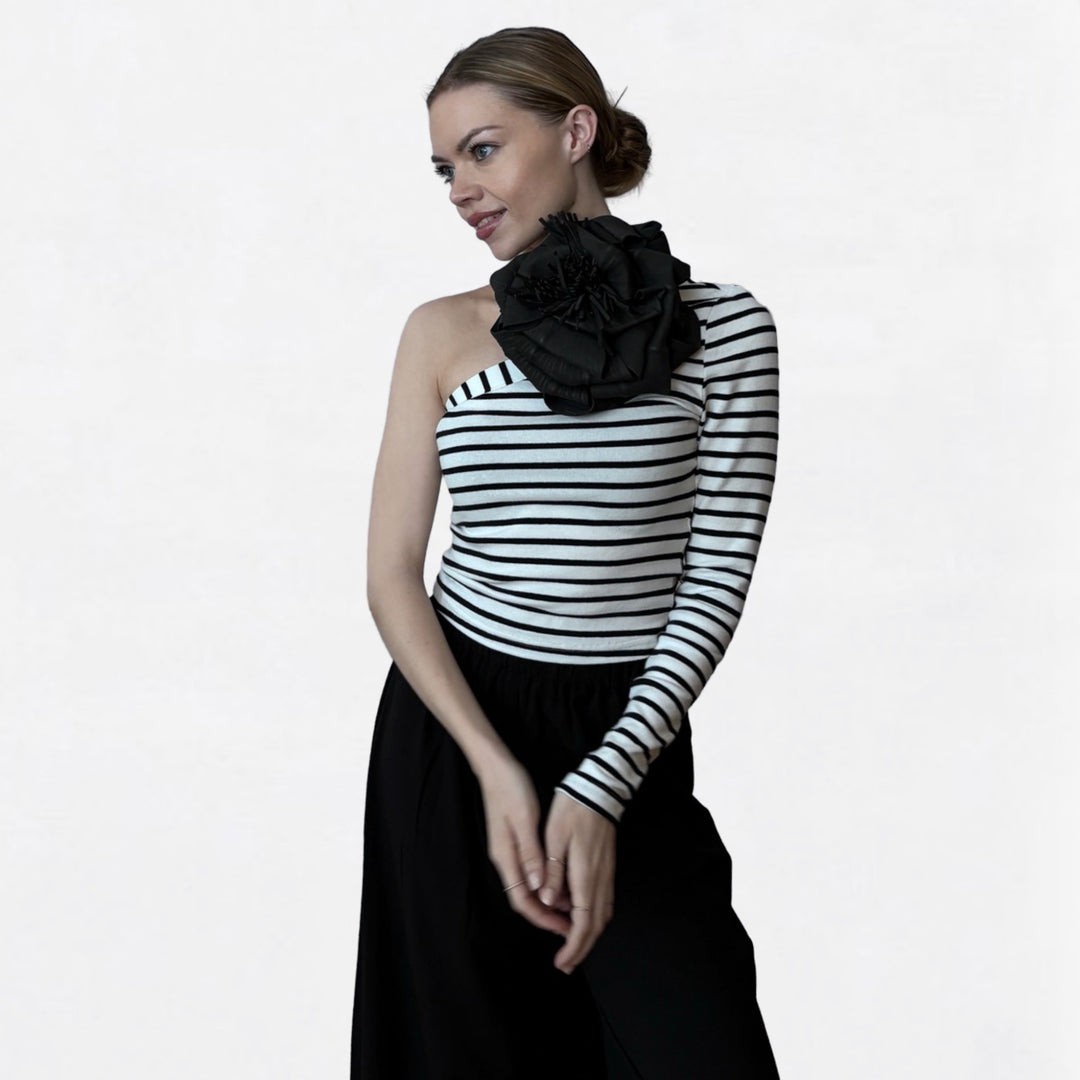 Striped one sleeve top with black flower pin