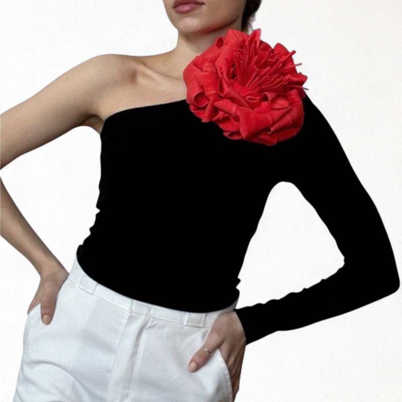 Black One Sleeve Top With Red Flower Pin
