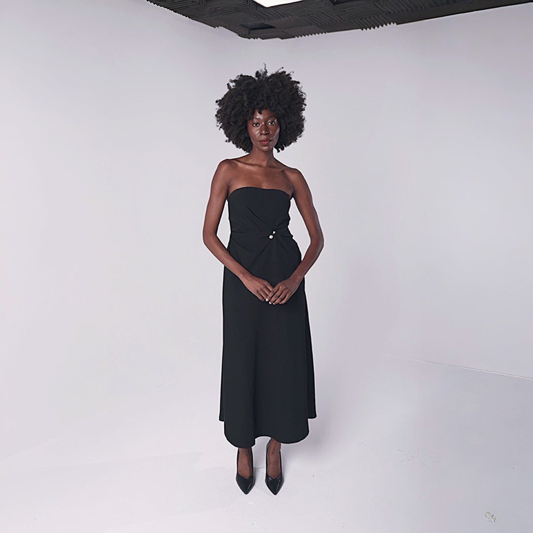 Black Strapless Dress With Asymmetrical Folds And Pearl Detail