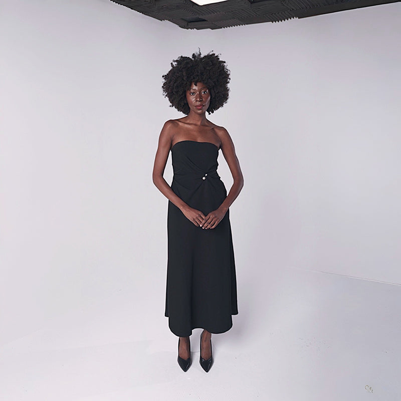 Black Strapless Dress With Asymmetrical Folds And Pearl Detail
