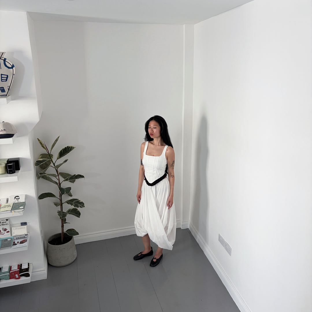 White Asymmetric Twisted Ballon Skirt