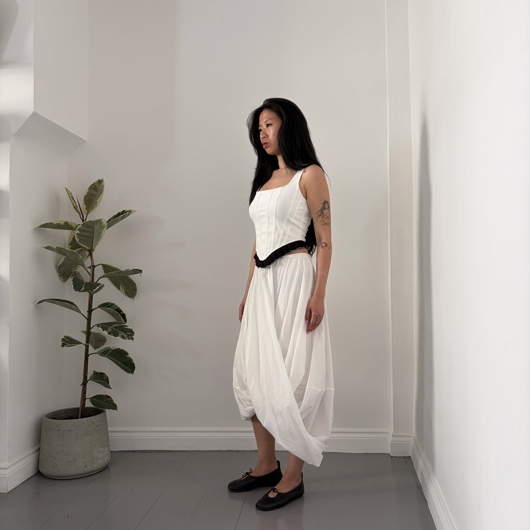White Asymmetric Twisted Ballon Skirt
