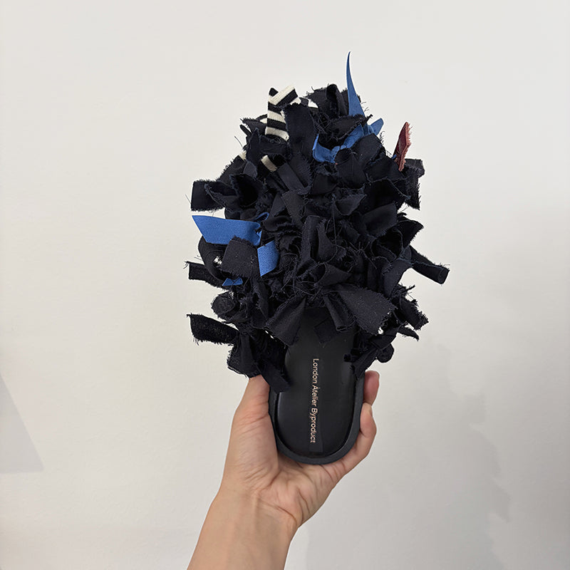 Pom Pom Black Fabric and Leather Mules Slip On Shoes