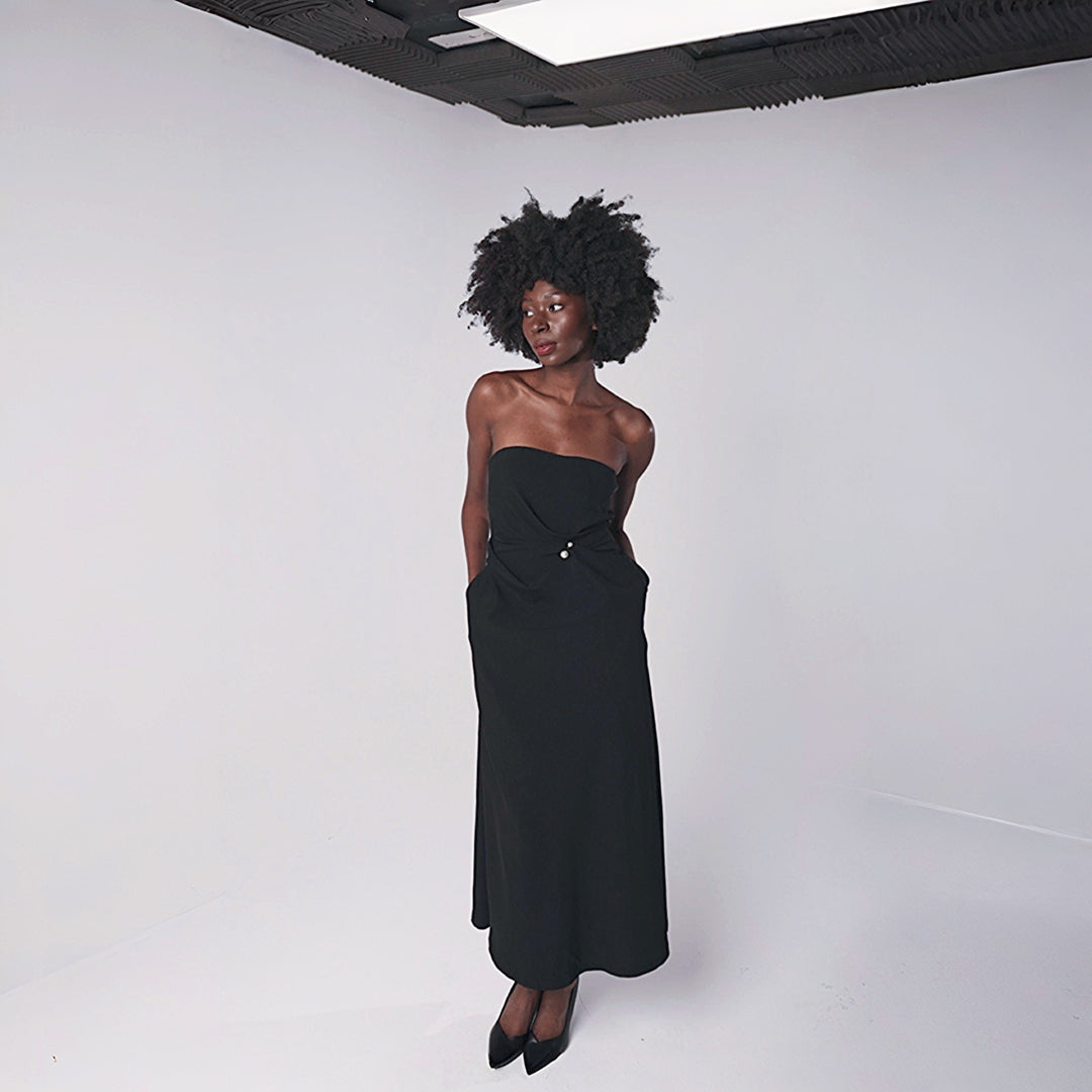 Black Strapless Dress With Asymmetrical Folds And Pearl Detail