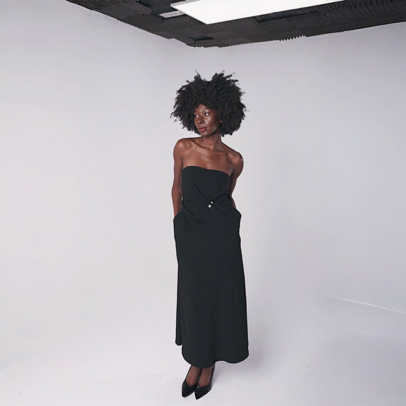 Black Strapless Dress With Asymmetrical Folds And Pearl Detail