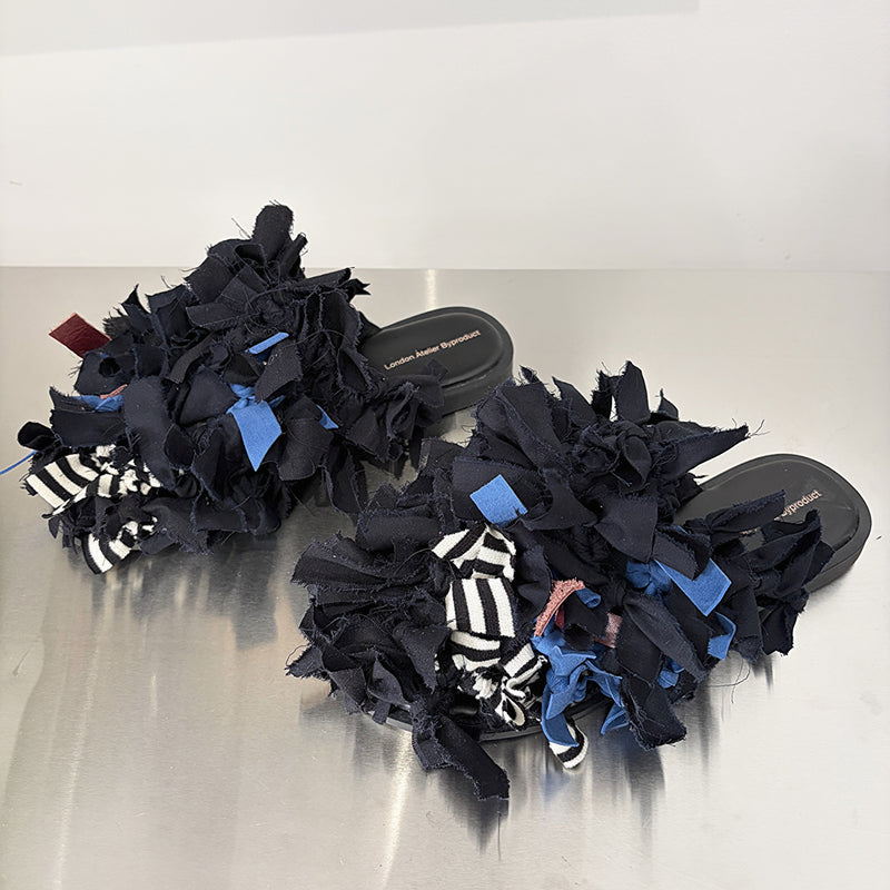 Pom Pom Black Fabric and Leather Mules Slip On Shoes