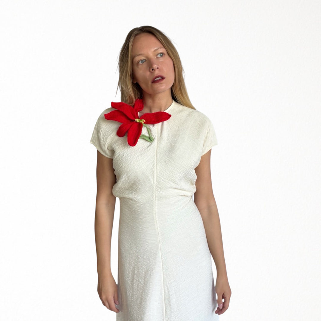 Beige crinkled long dress with crochet flower