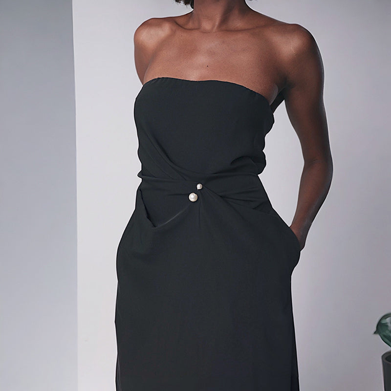Black Strapless Dress With Asymmetrical Folds And Pearl Detail