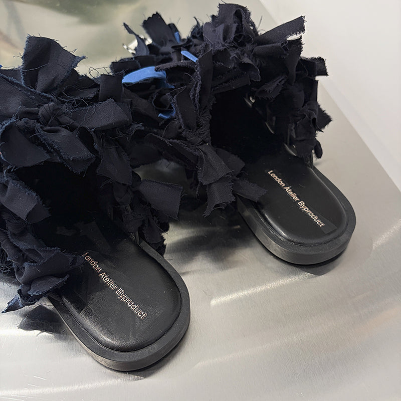 Pom Pom Black Fabric and Leather Mules Slip On Shoes