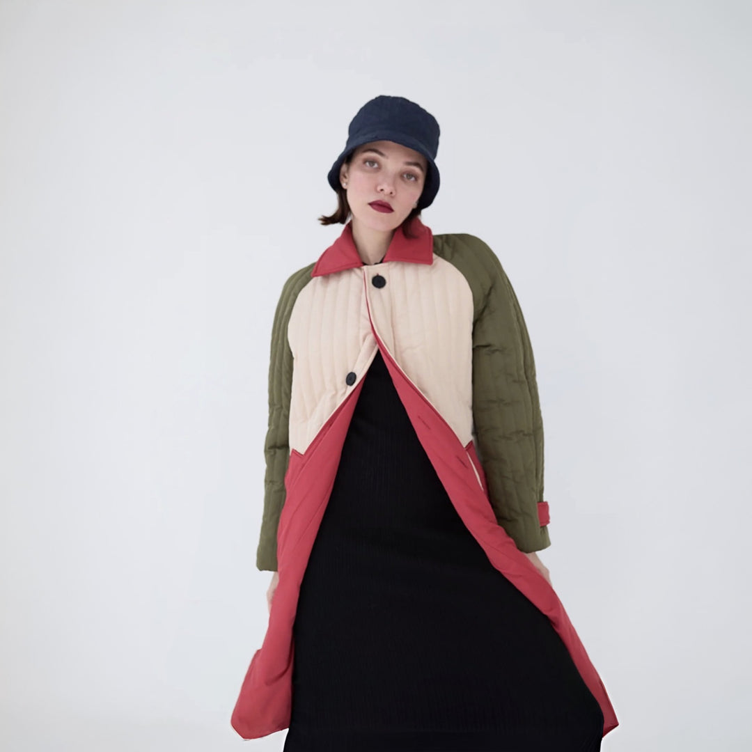 Beige Khaki Patchwork Color Block Quilt Long Jacket