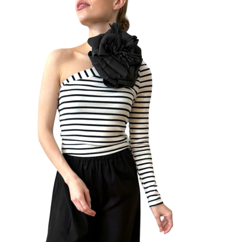 Striped One Sleeve Top With Black Flower Pin