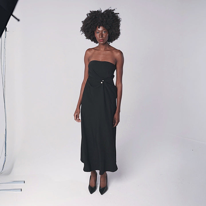Black Strapless Dress With Asymmetrical Folds And Pearl Detail
