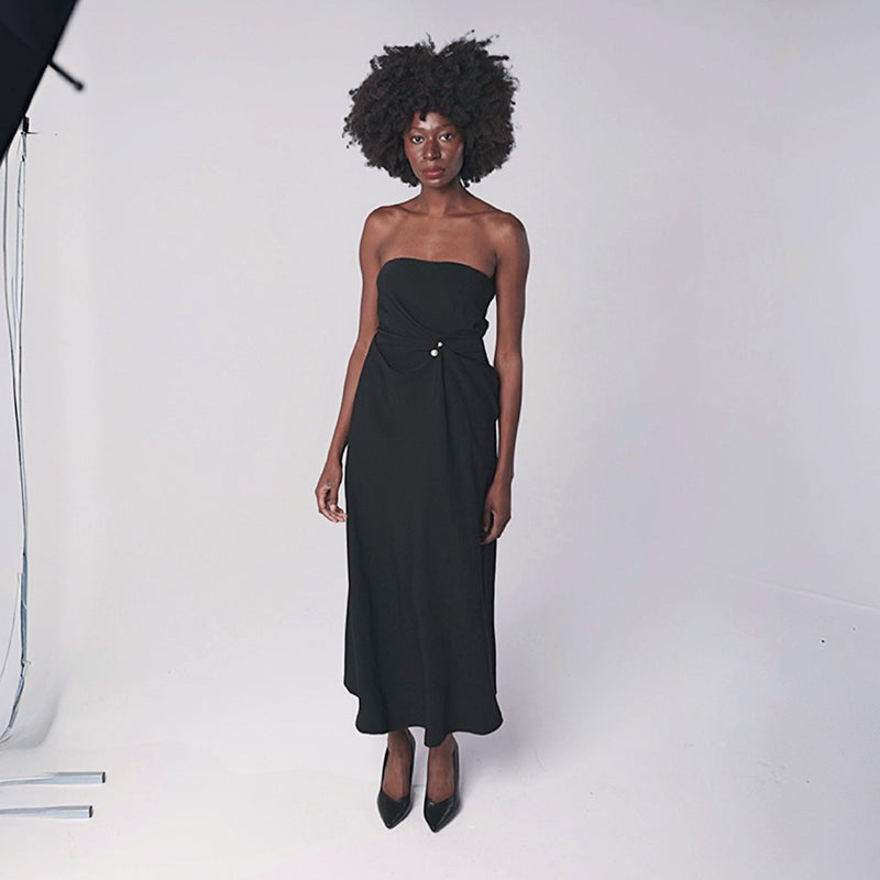 Black Strapless Dress With Asymmetrical Folds And Pearl Detail