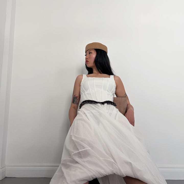 White Asymmetric Twisted Ballon Skirt