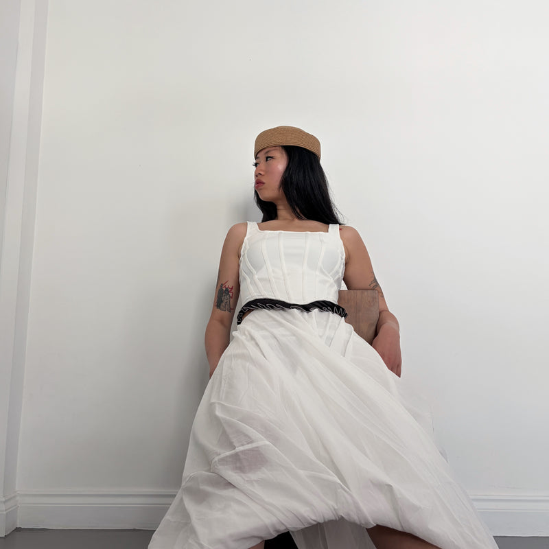 White Asymmetric Twisted Ballon Skirt