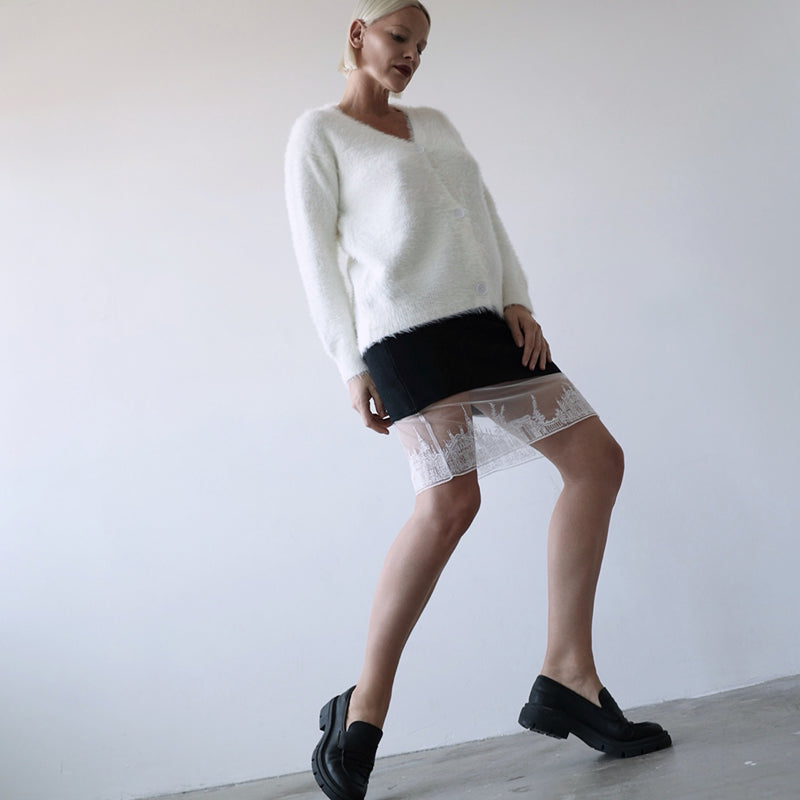 Black Mini Knit Skirt With Embroidery Lace