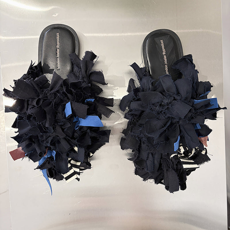 Pom Pom Black Fabric and Leather Mules Slip On Shoes