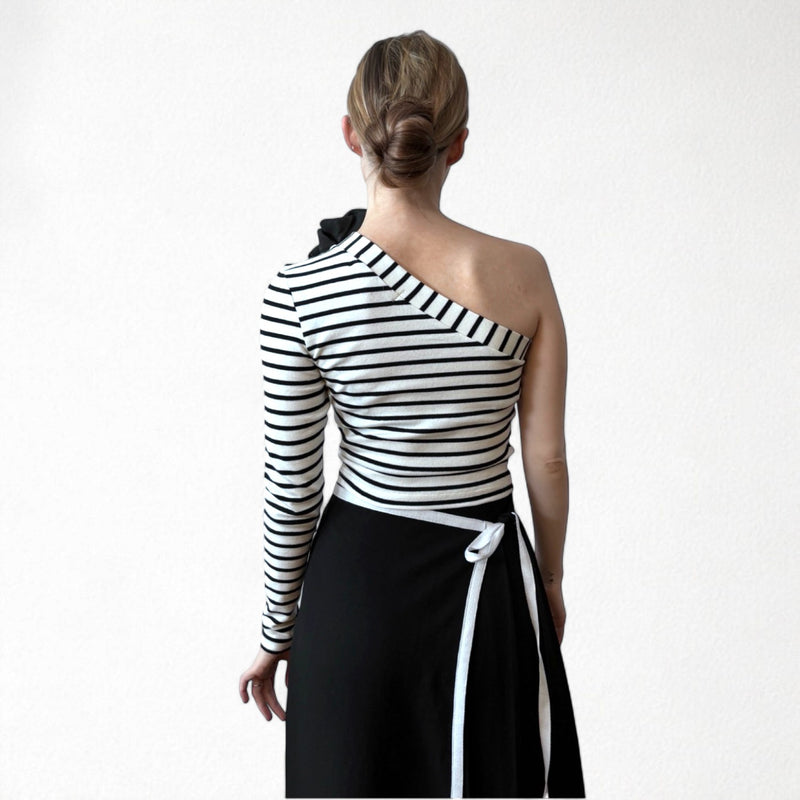 Striped One Sleeve Top With Black Flower Pin