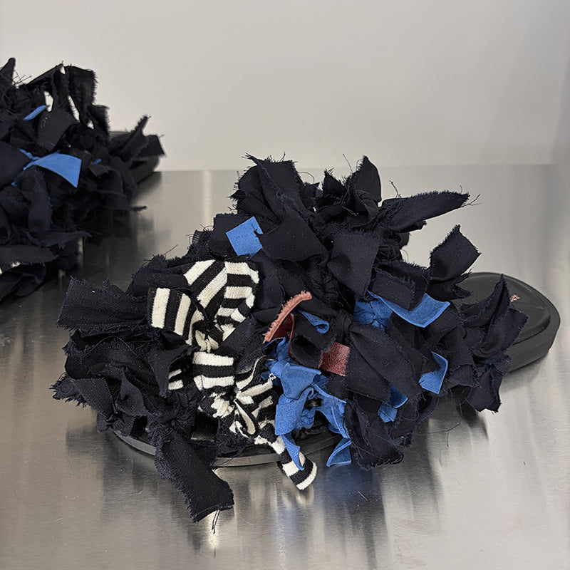 Pom Pom Black Fabric and Leather Mules Slip On Shoes