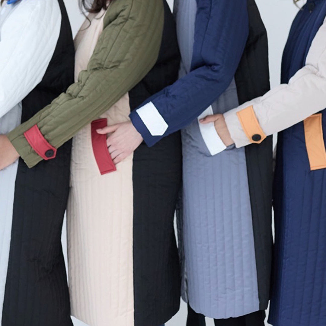 Beige Khaki Patchwork Color Block Quilt Long Jacket