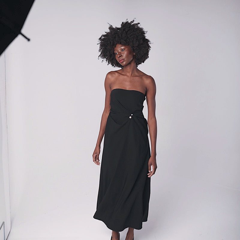 Black Strapless Dress With Asymmetrical Folds And Pearl Detail