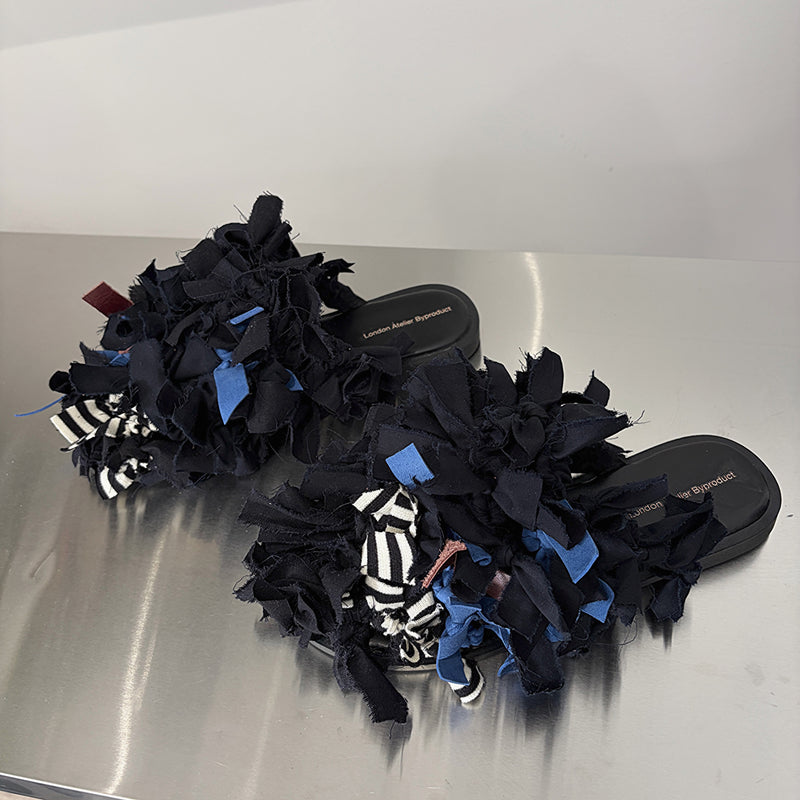 Pom Pom Black Fabric and Leather Mules Slip On Shoes