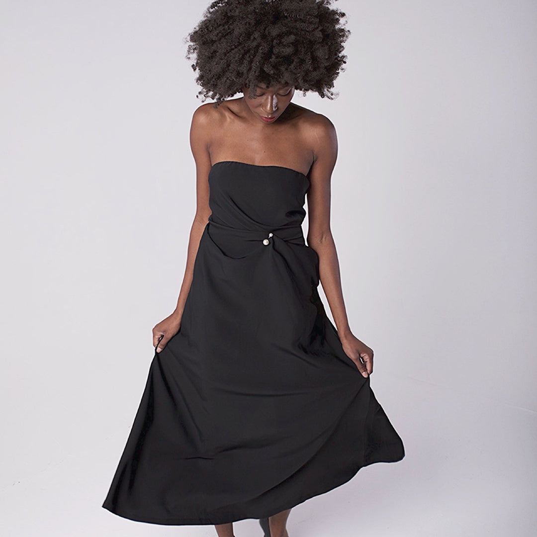 Black Strapless Dress With Asymmetrical Folds And Pearl Detail