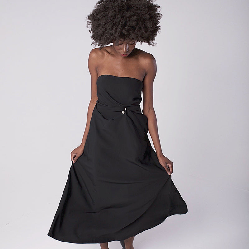 Black Strapless Dress With Asymmetrical Folds And Pearl Detail