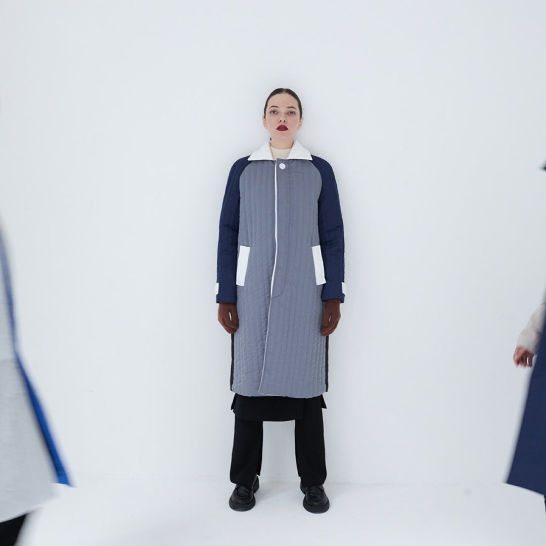 Grey Navy White Patchwork Colour Block Quilt Long Jacket
