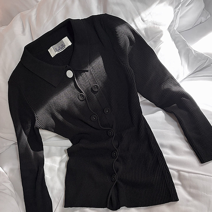 Black rib knit shirt top with button details