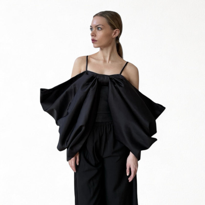 Black Duchess Satin Bow Top With Straps
