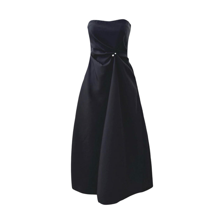 Black strapless dress with asymmetrical folds and pearl detail