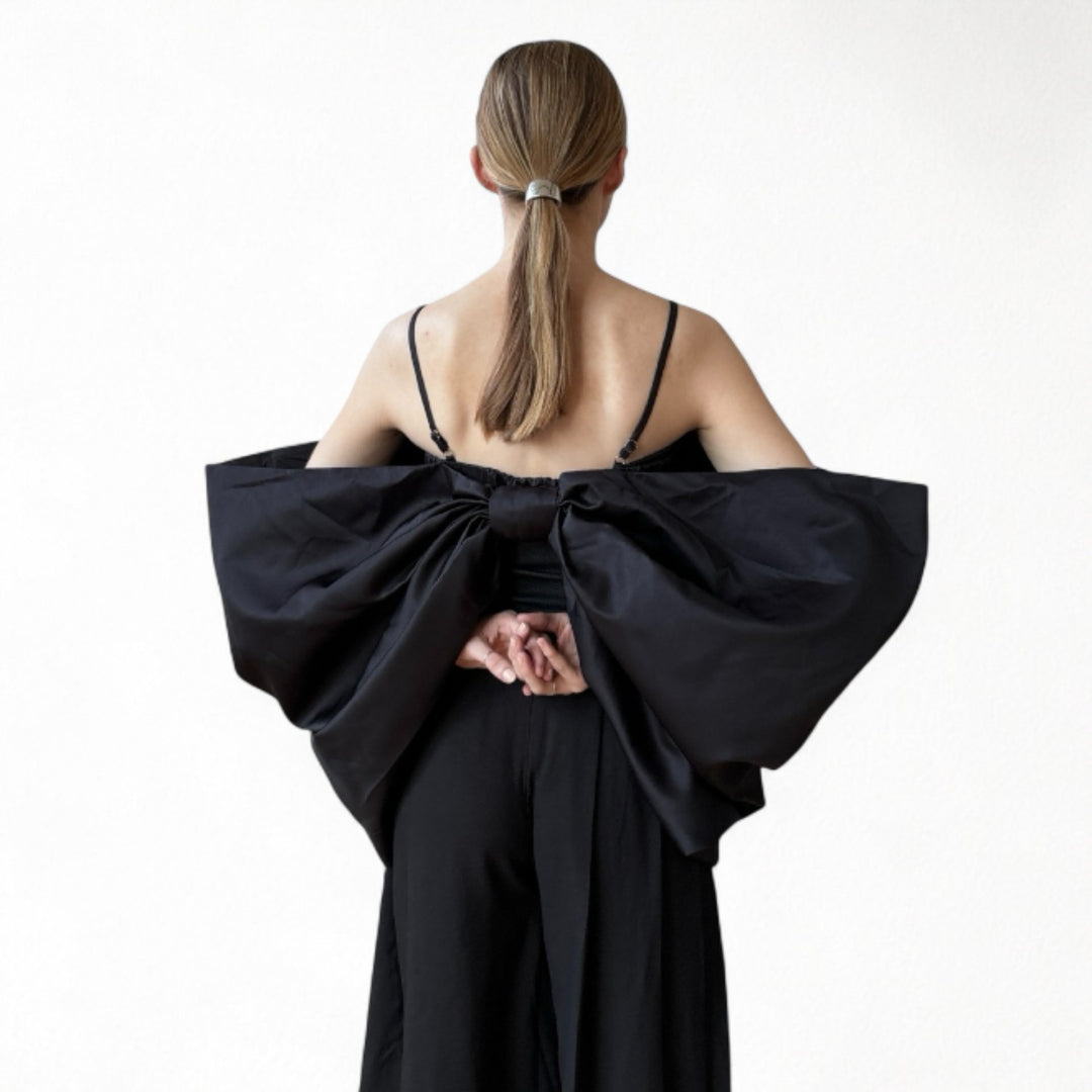 Black duchess satin bow top with straps