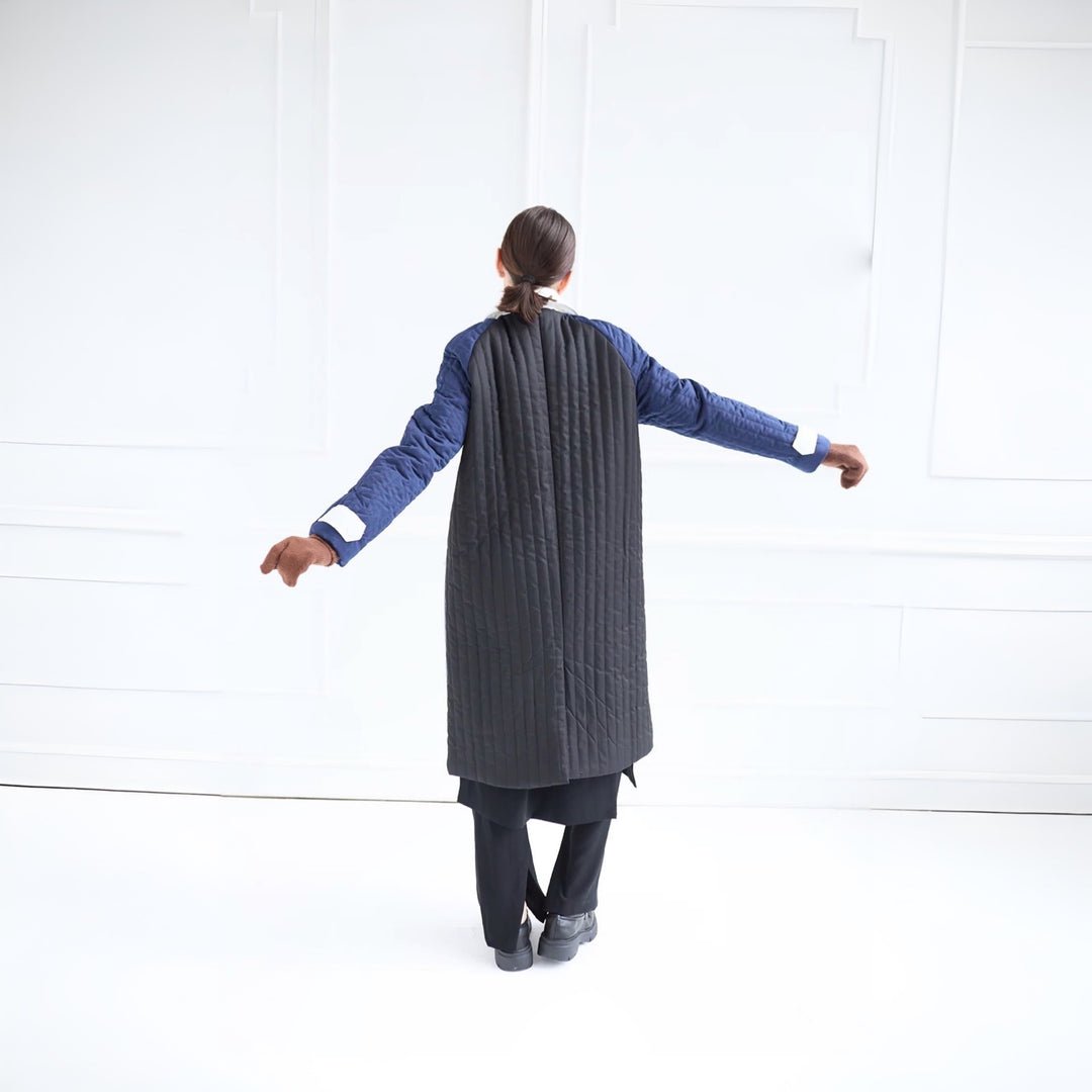 Grey Navy White Patchwork Colour Block Quilt Long Jacket