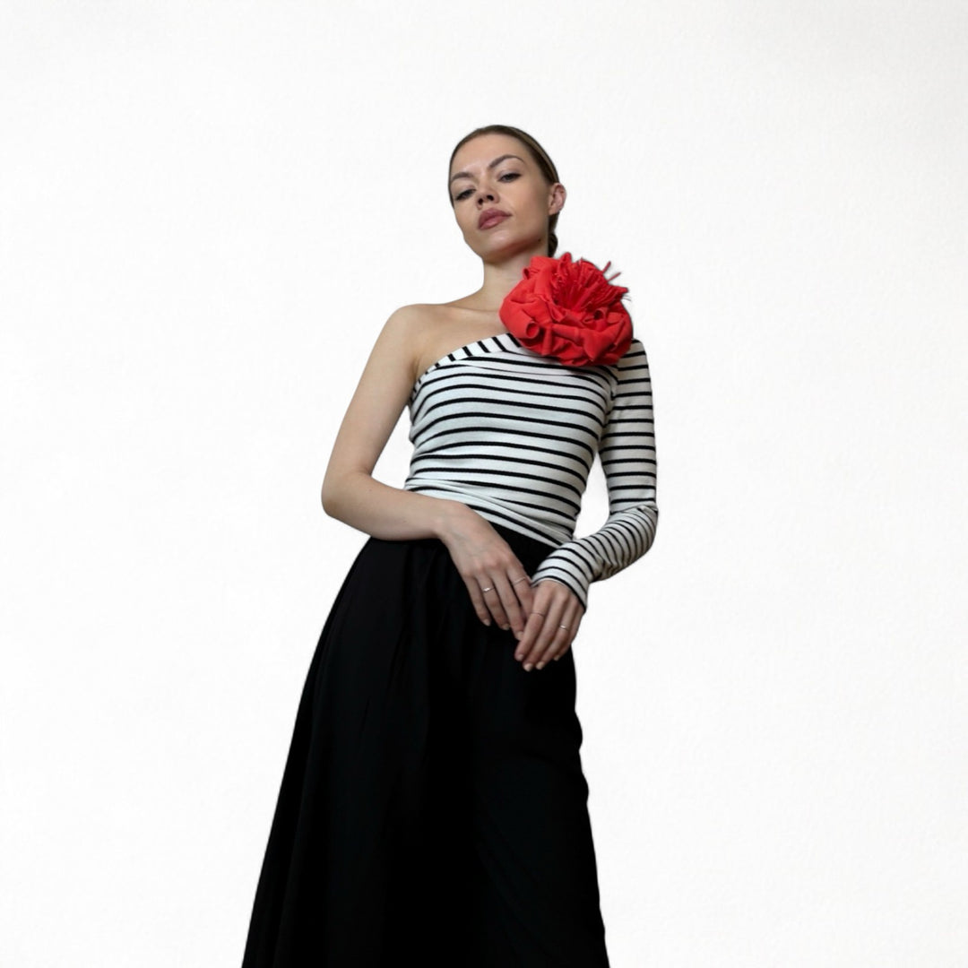 Striped one sleeve top with red flower pin