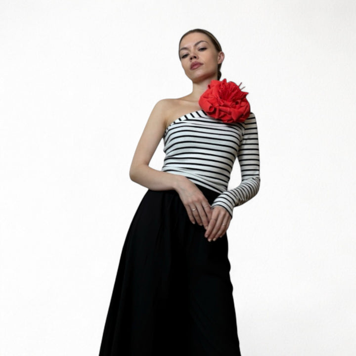 Striped one sleeve top with red flower pin