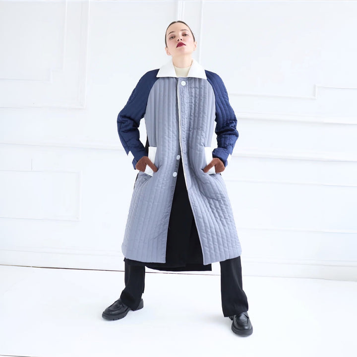 Grey Navy White Patchwork Colour Block Quilt Long Jacket
