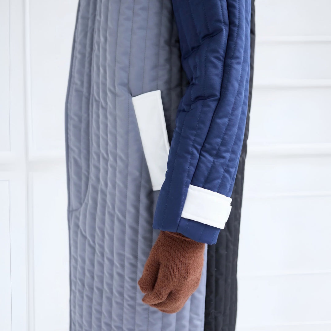 Grey Navy White Patchwork Colour Block Quilt Long Jacket