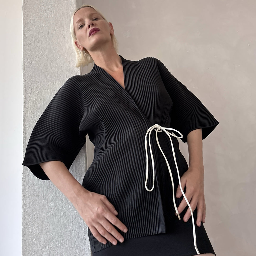 Black Pleated Kimono Cardigan With White Cord