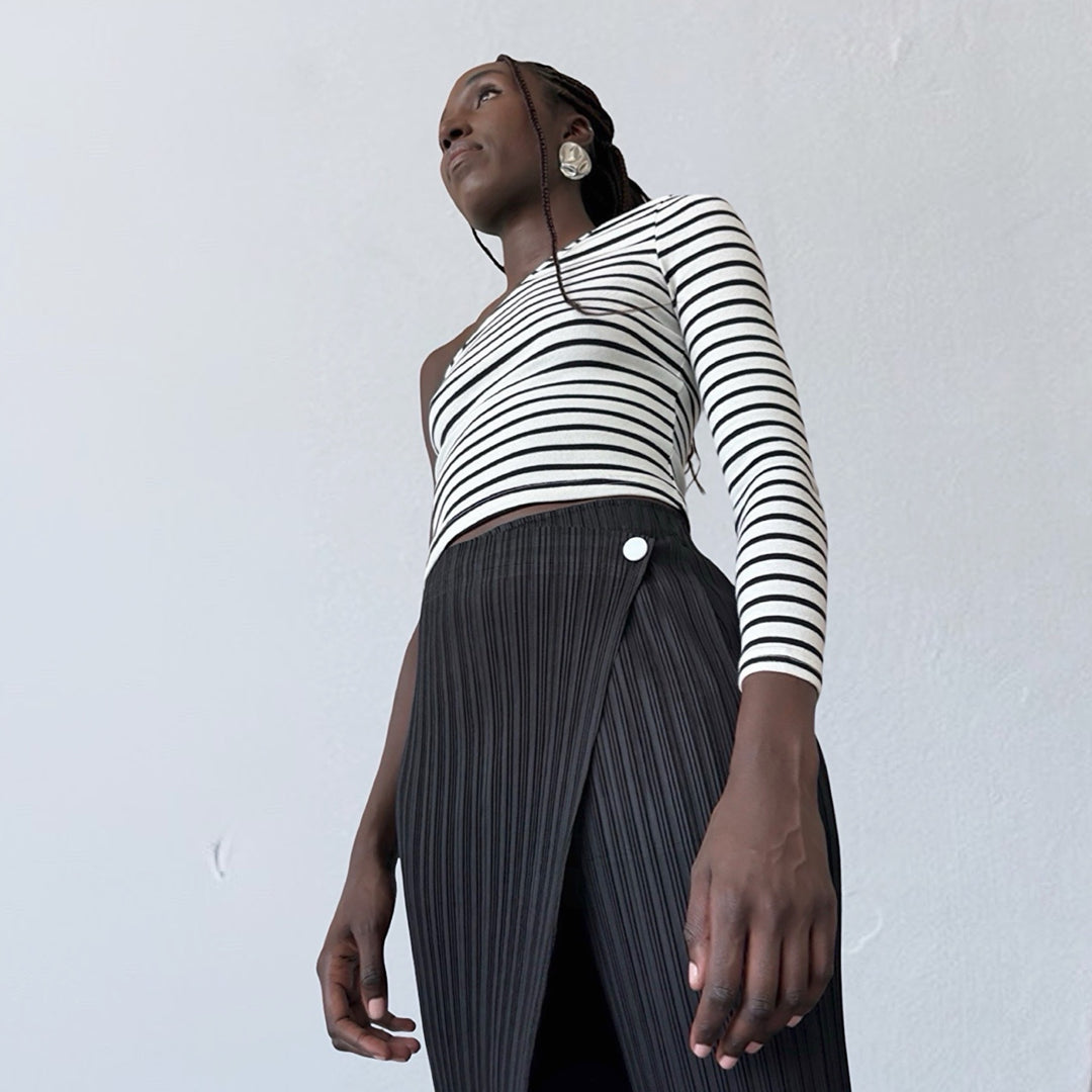 Black accordion pleated trousers with wrap detail
