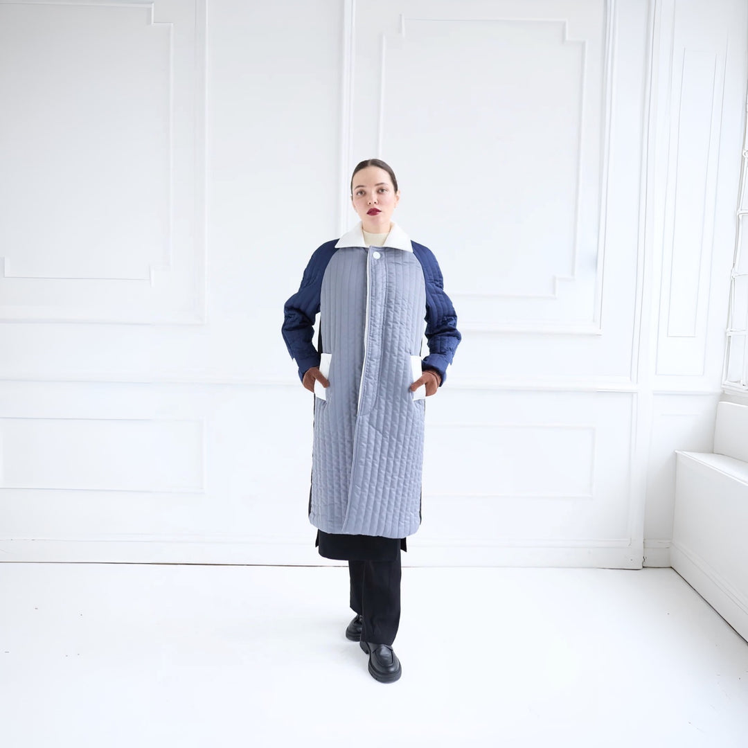 Grey Navy White Patchwork Colour Block Quilt Long Jacket