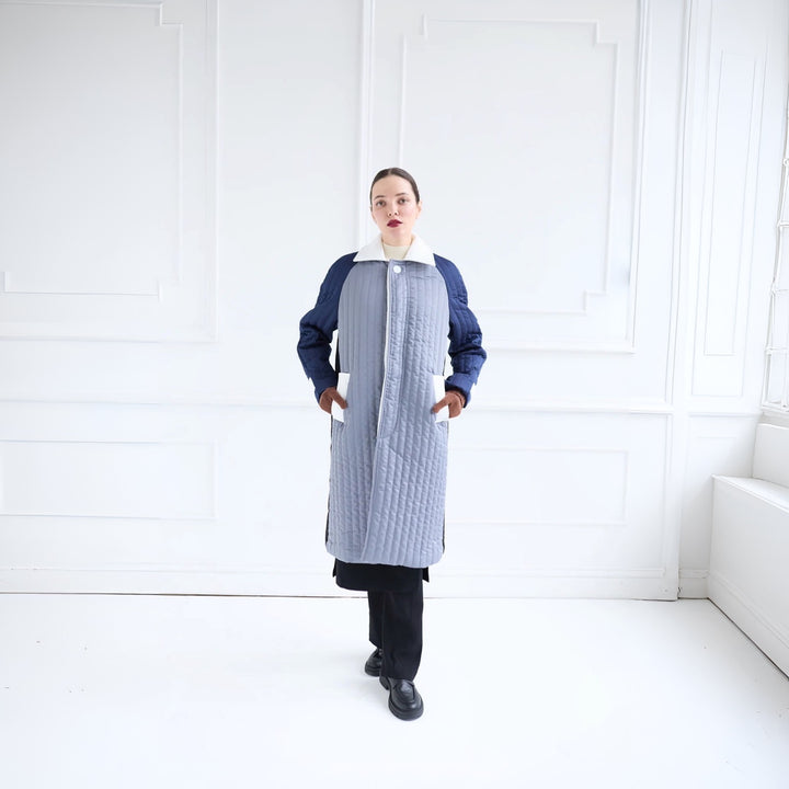 Grey Navy White Patchwork Colour Block Quilt Long Jacket