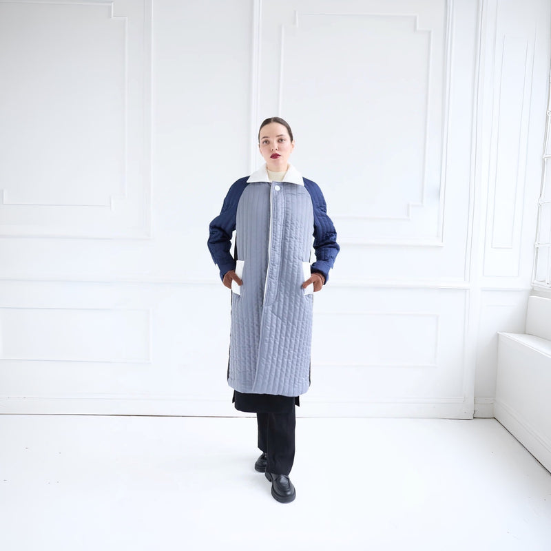 Grey Navy White Patchwork Colour Block Quilt Long Jacket