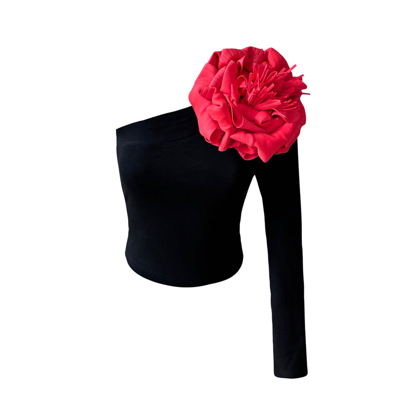Black One Sleeve Top With Red Flower Pin
